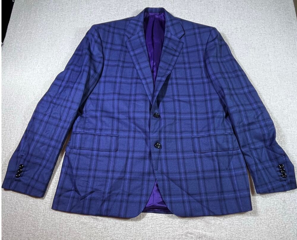 Holland & Sherry Men 52 Blue 2 Button Plaid Wool Sport Coat Blazer Tailored Fit